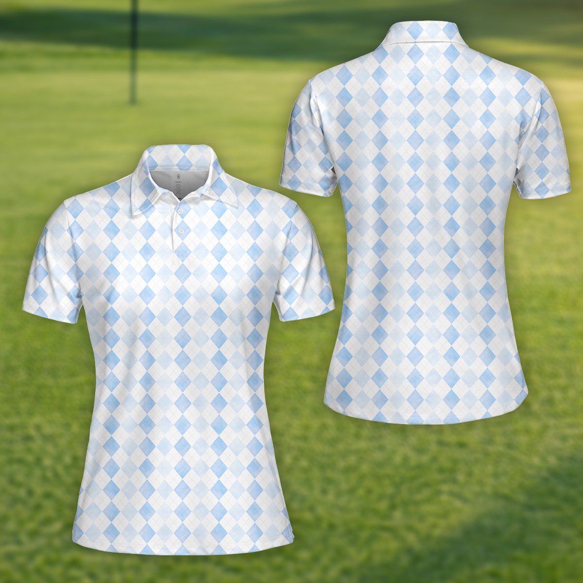 Light blue and white argyle polo shirt with geometric diamond pattern, front view 7