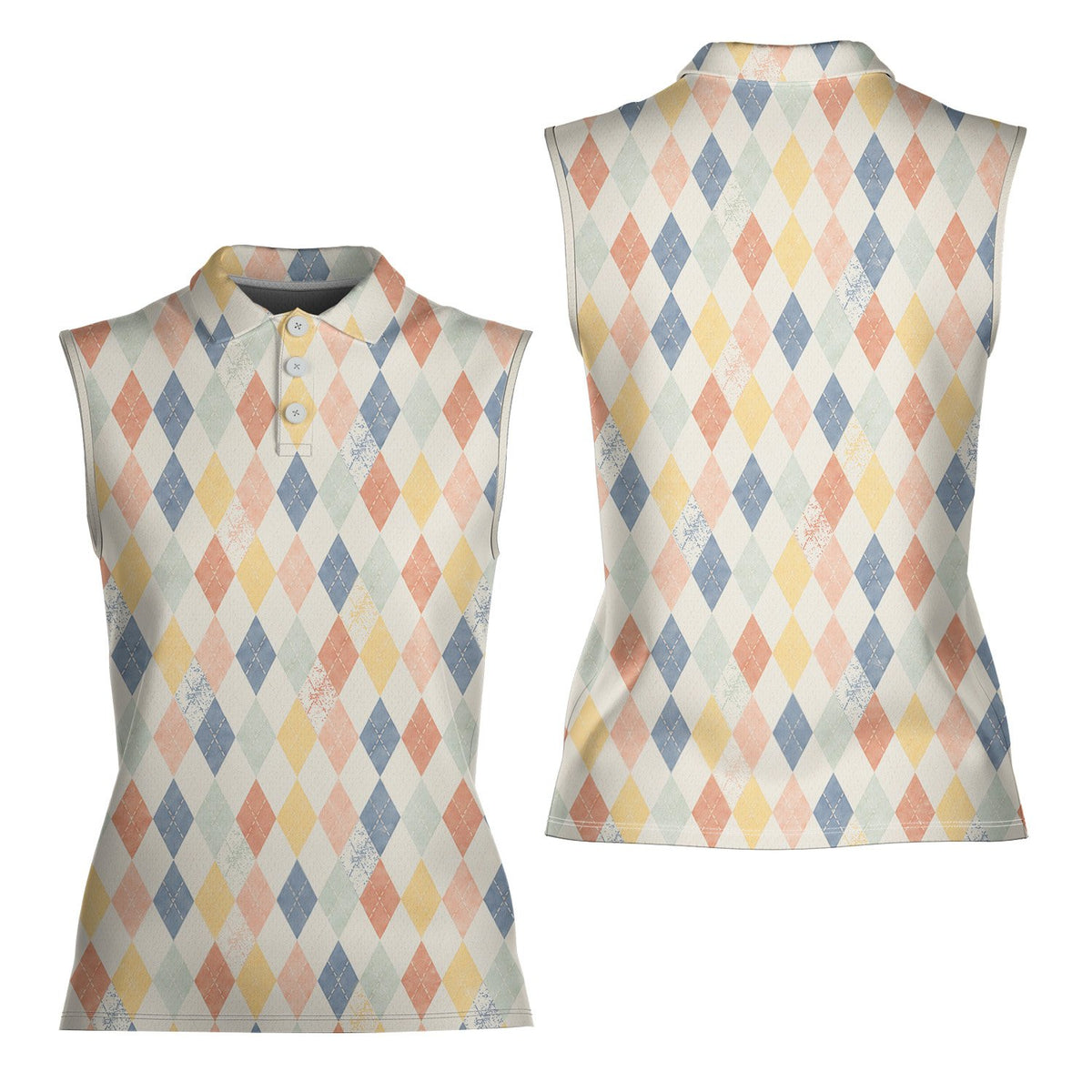Geometric print polo shirt with muted blue and yellow argyle diamonds, front view