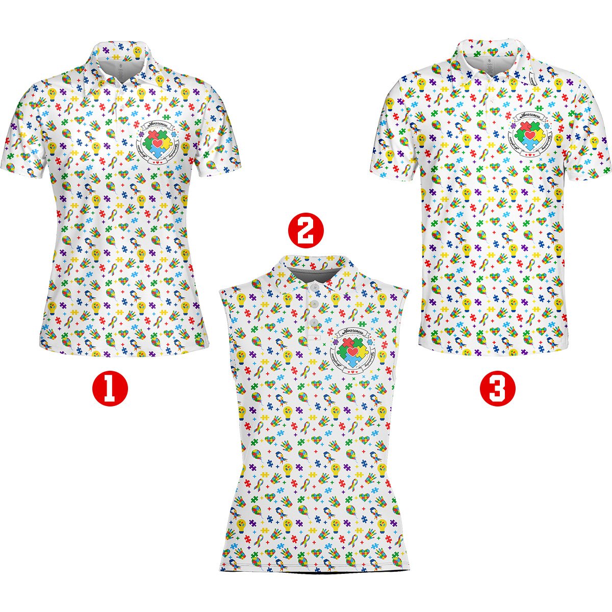 White autism awareness polo shirt with colorful symbols, angled front view