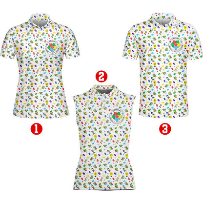 White autism awareness polo shirt with colorful symbols, angled front view