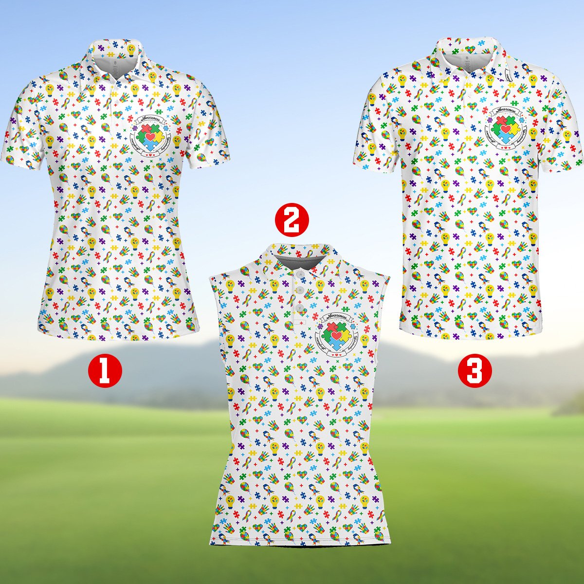 White autism awareness polo shirt showing all-over print details, close up front view