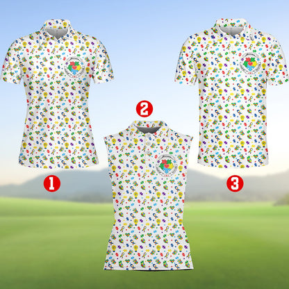 White autism awareness polo shirt showing all-over print details, close up front view
