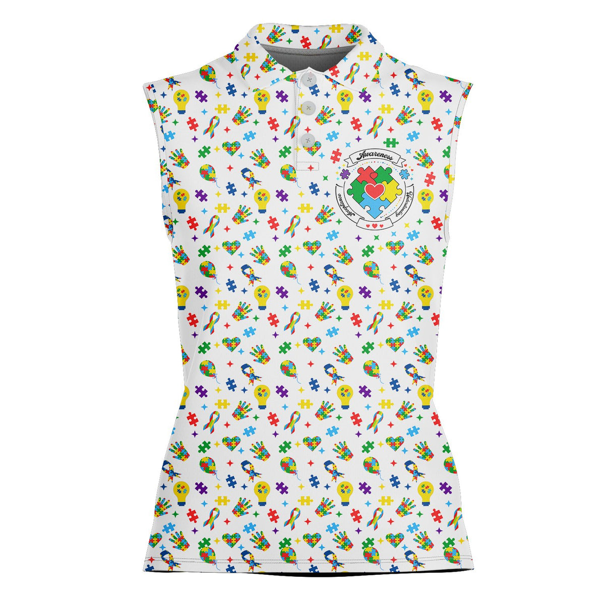 White autism awareness polo shirt featuring puzzle piece heart logo on chest, alternate front view