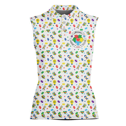 White autism awareness polo shirt featuring puzzle piece heart logo on chest, alternate front view
