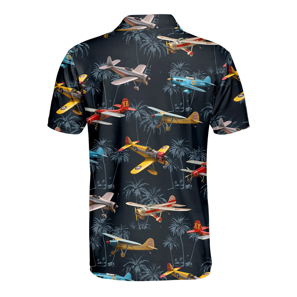 Back view of the navy aviation polo shirt with vintage airplanes