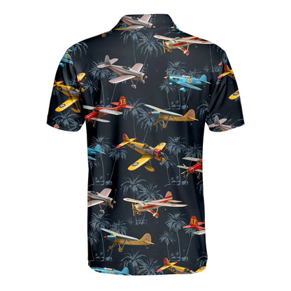 Back view of the navy aviation polo shirt with vintage airplanes