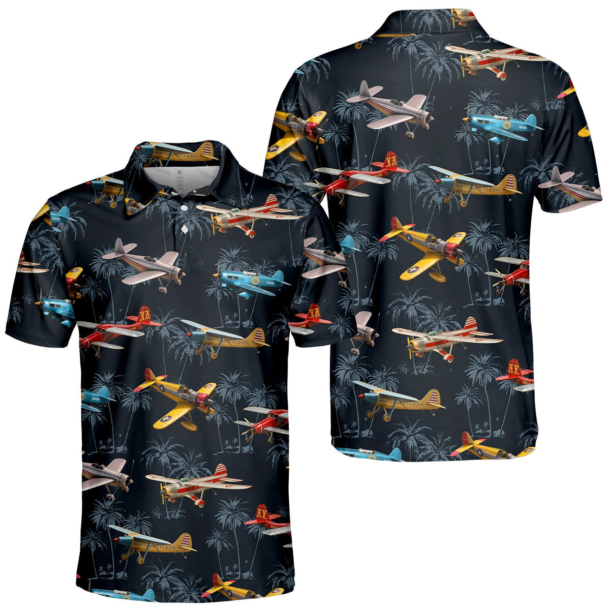 Navy aviation polo shirt with vintage airplanes and palm tree silhouettes