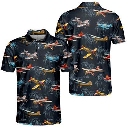 Navy aviation polo shirt with vintage airplanes and palm tree silhouettes