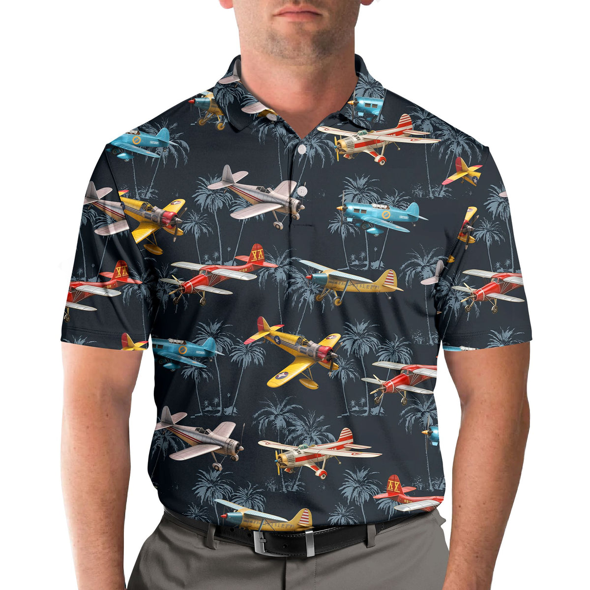 Lifestyle view of a person wearing the navy aviation polo shirt outdoors
