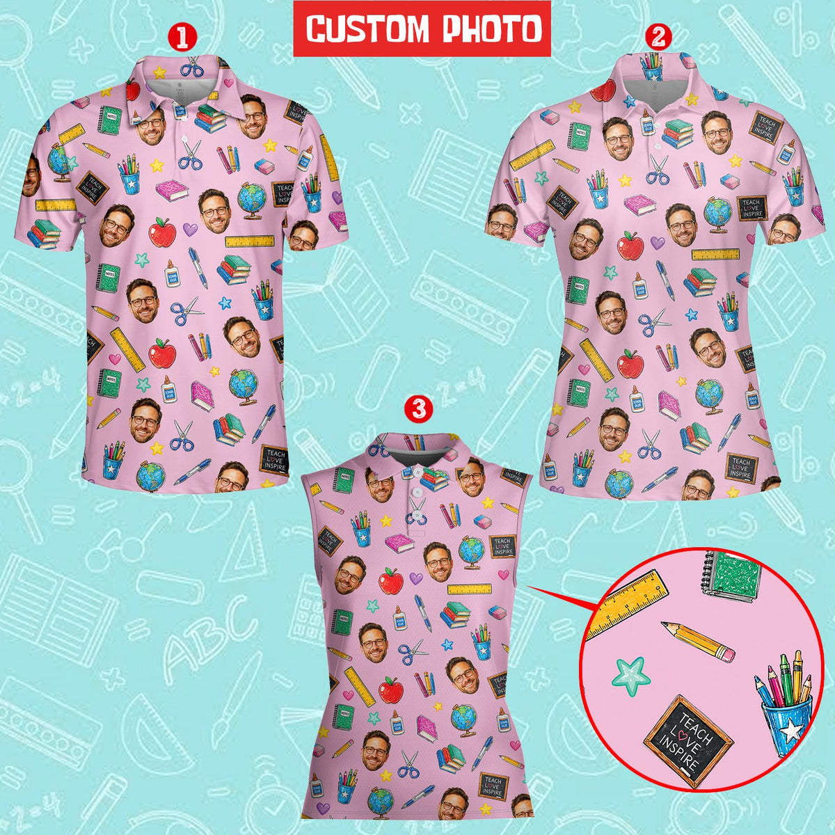 Another front view of the personalized pink school polo shirt