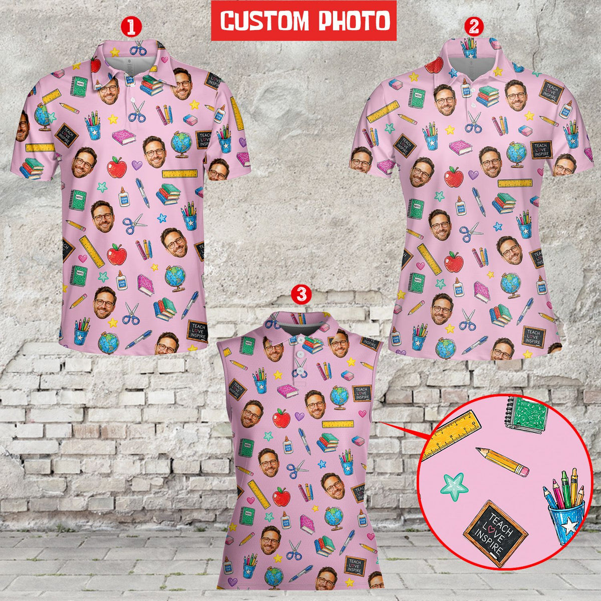 Close up front view of the back to school teacher polo shirt showing personalized photo cutouts