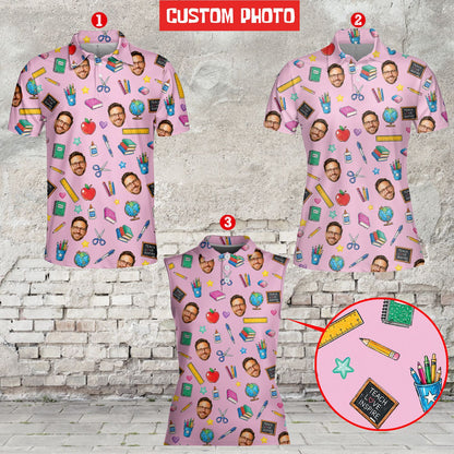 Close up front view of the back to school teacher polo shirt showing personalized photo cutouts