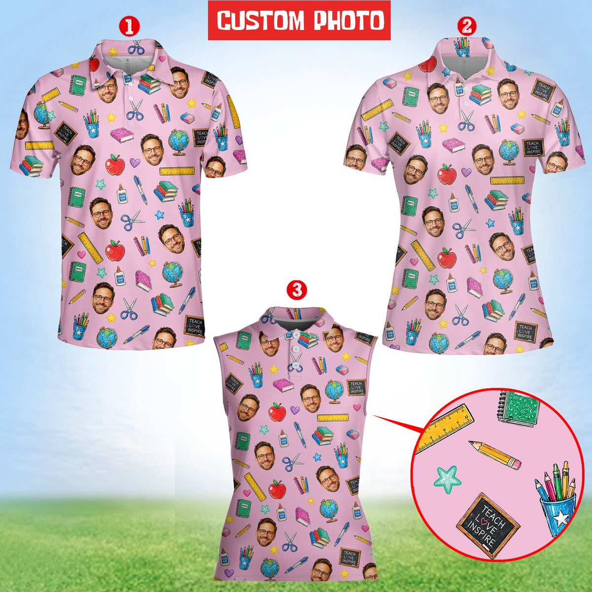 Personalized back to school teacher polo shirt with custom photo faces on pink background, main view