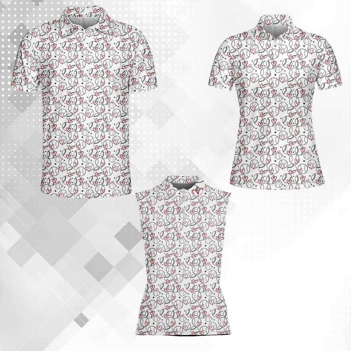 Detailed front view of the baseball and hearts polo shirt on a white background
