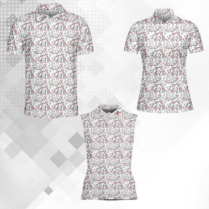 Detailed front view of the baseball and hearts polo shirt on a white background