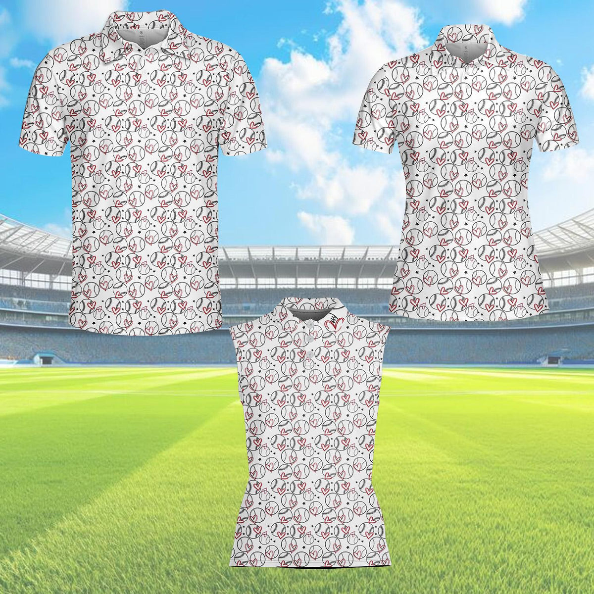 White baseball and hearts polo shirt featuring a handwritten repeating pattern, main front view