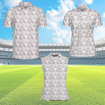 White baseball and hearts polo shirt featuring a handwritten repeating pattern, main front view