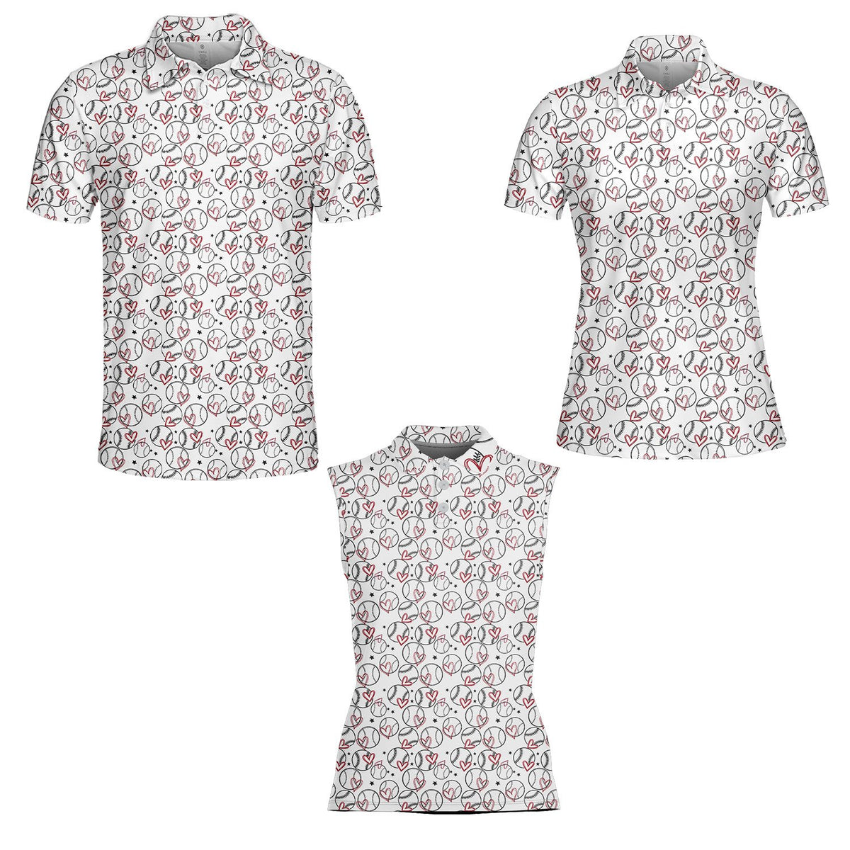 Full front view of the baseball and hearts polo shirt displaying the all-over repeating pattern