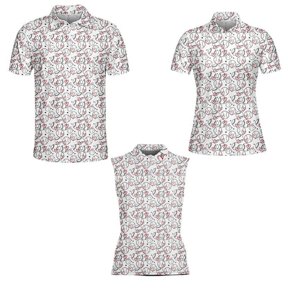 Full front view of the baseball and hearts polo shirt displaying the all-over repeating pattern