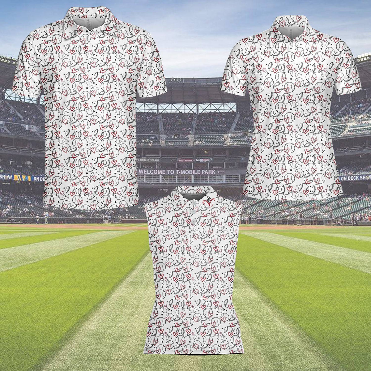 Baseball and hearts polo shirt with red hearts and baseballs on white, front view