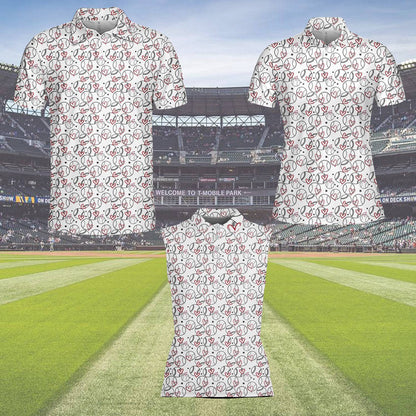 Baseball and hearts polo shirt with red hearts and baseballs on white, front view