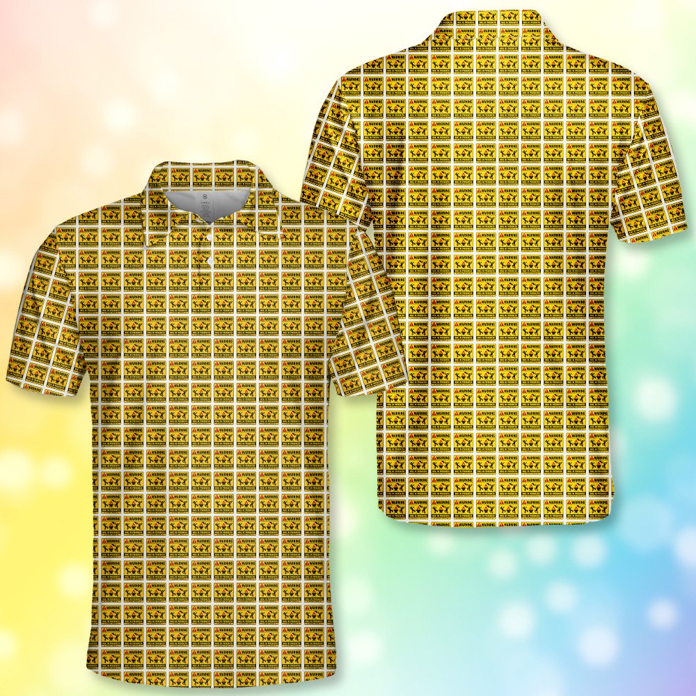 Lifestyle view of the BBQ warning polo shirt detail