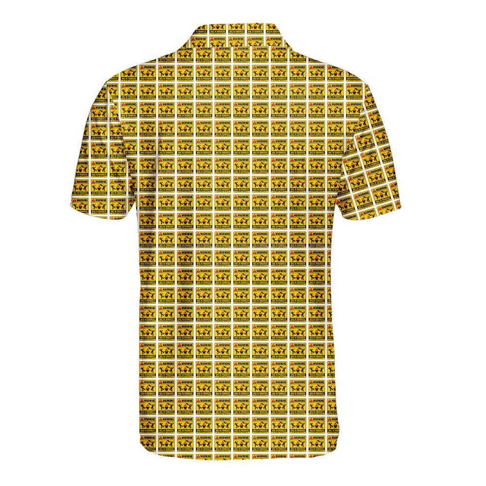 Lifestyle view of the BBQ warning polo shirt