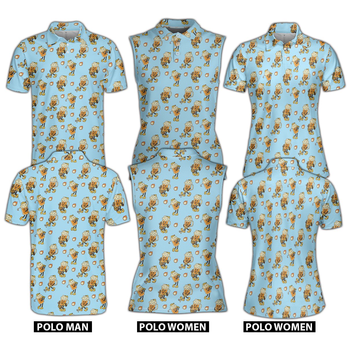 Front view of the light blue beer golf polo shirt with cartoon beer characters