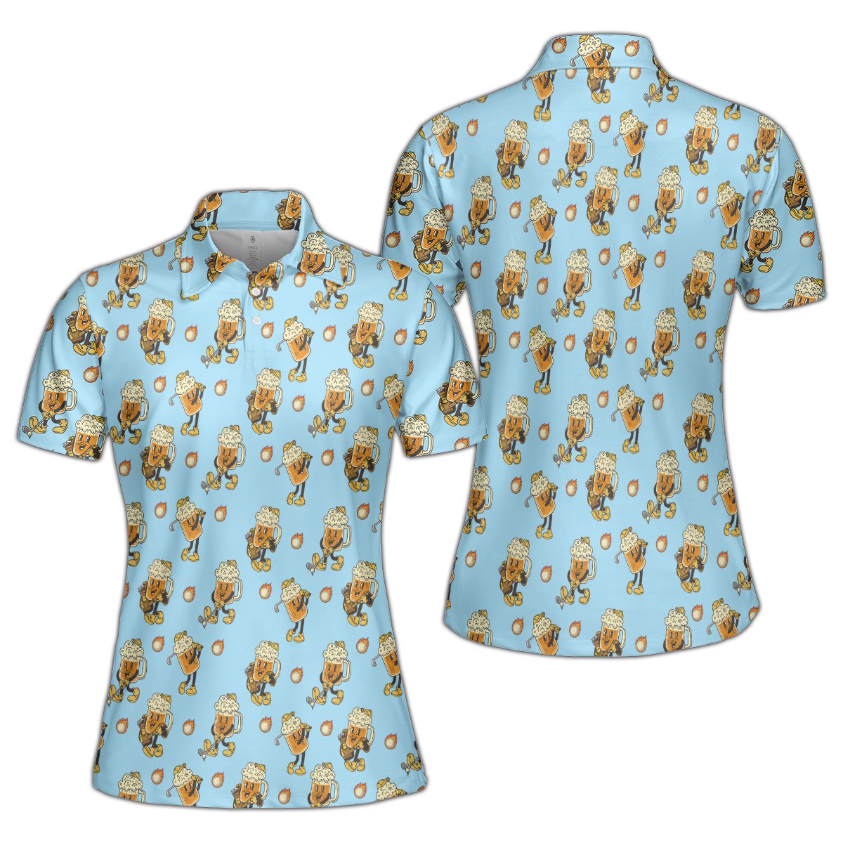 Alternate front view of the blue beer polo shirt showing detailed print