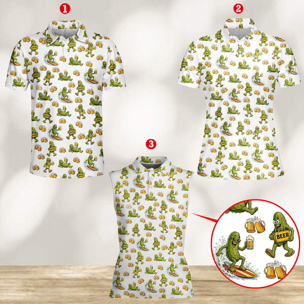 Close-up front view of the summer polo shirt with beer pickles
