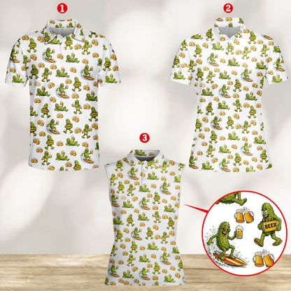 Close-up front view of the summer polo shirt with beer pickles