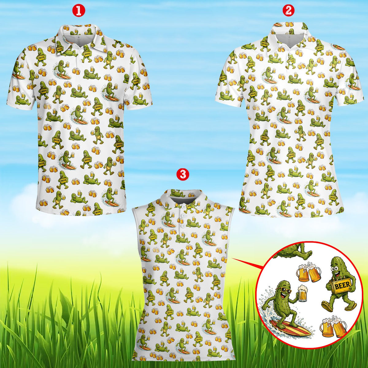 Another front view showing the collar of the pickles polo shirt