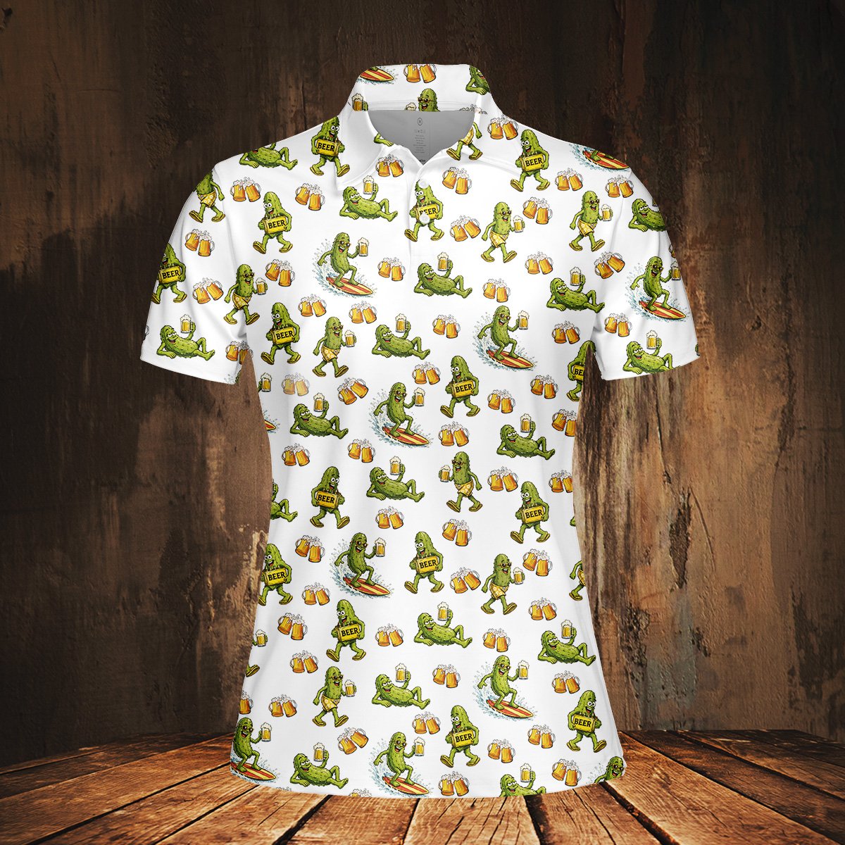 Front angle of the polo shirt displaying surfing pickles
