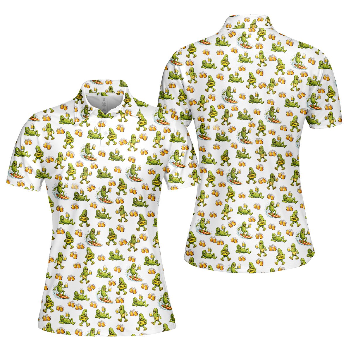 Front view showing the all-over print of the beer pickles polo shirt