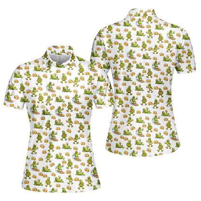 Front view showing the all-over print of the beer pickles polo shirt