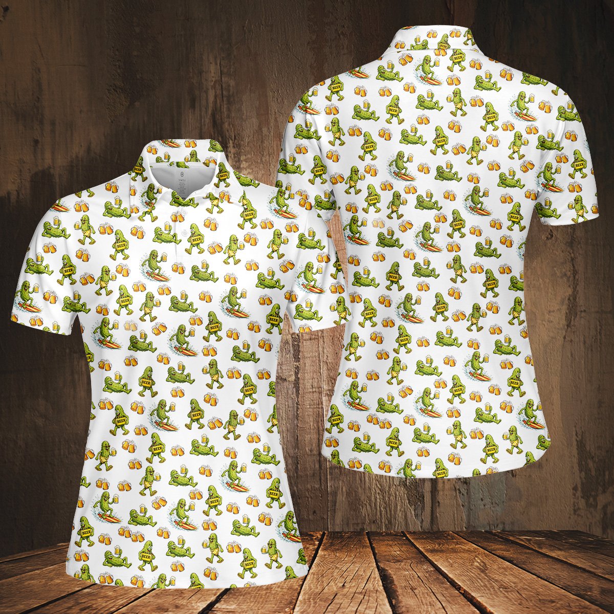 Additional front perspective of the white and green polo shirt