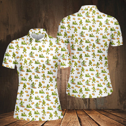 Additional front perspective of the white and green polo shirt
