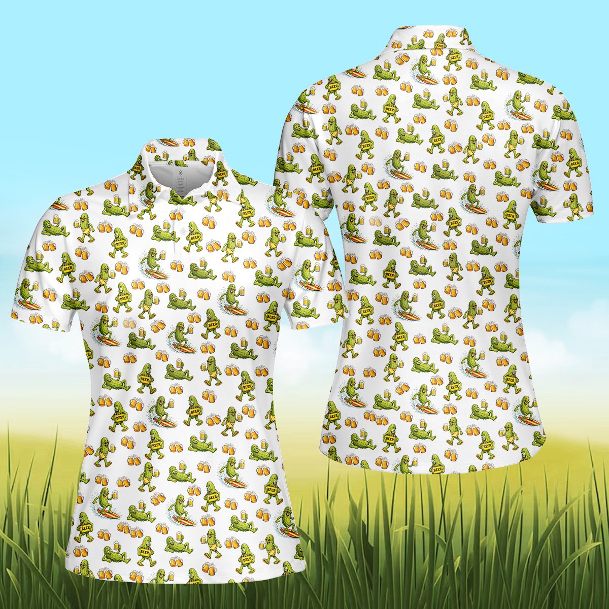 Front styling of the beer pickles polo shirt
