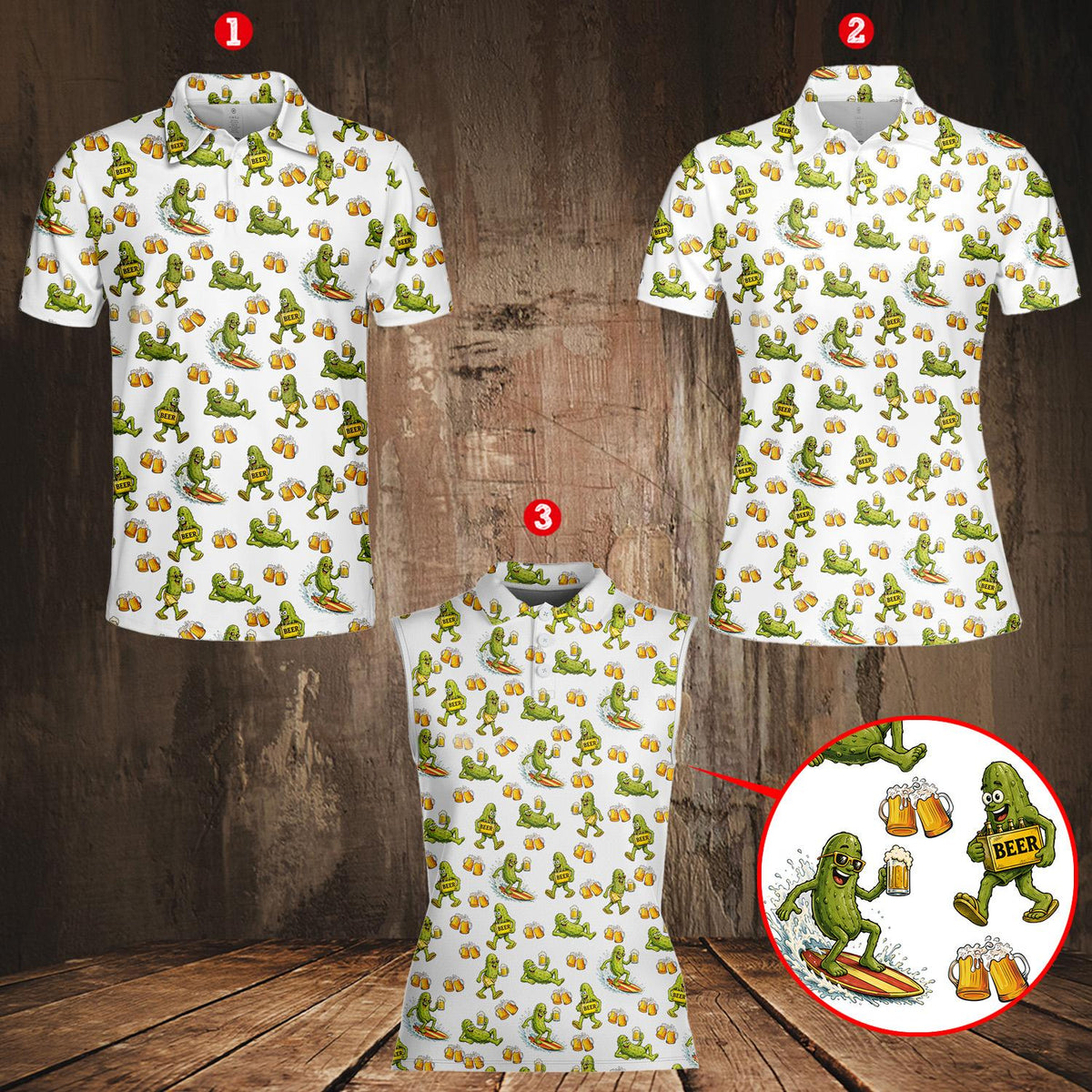 Front view of the white beer polo shirt with pickle design