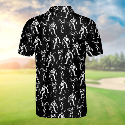 Black bigfoot polo shirt featuring white bigfoot figures golfing, close up back view