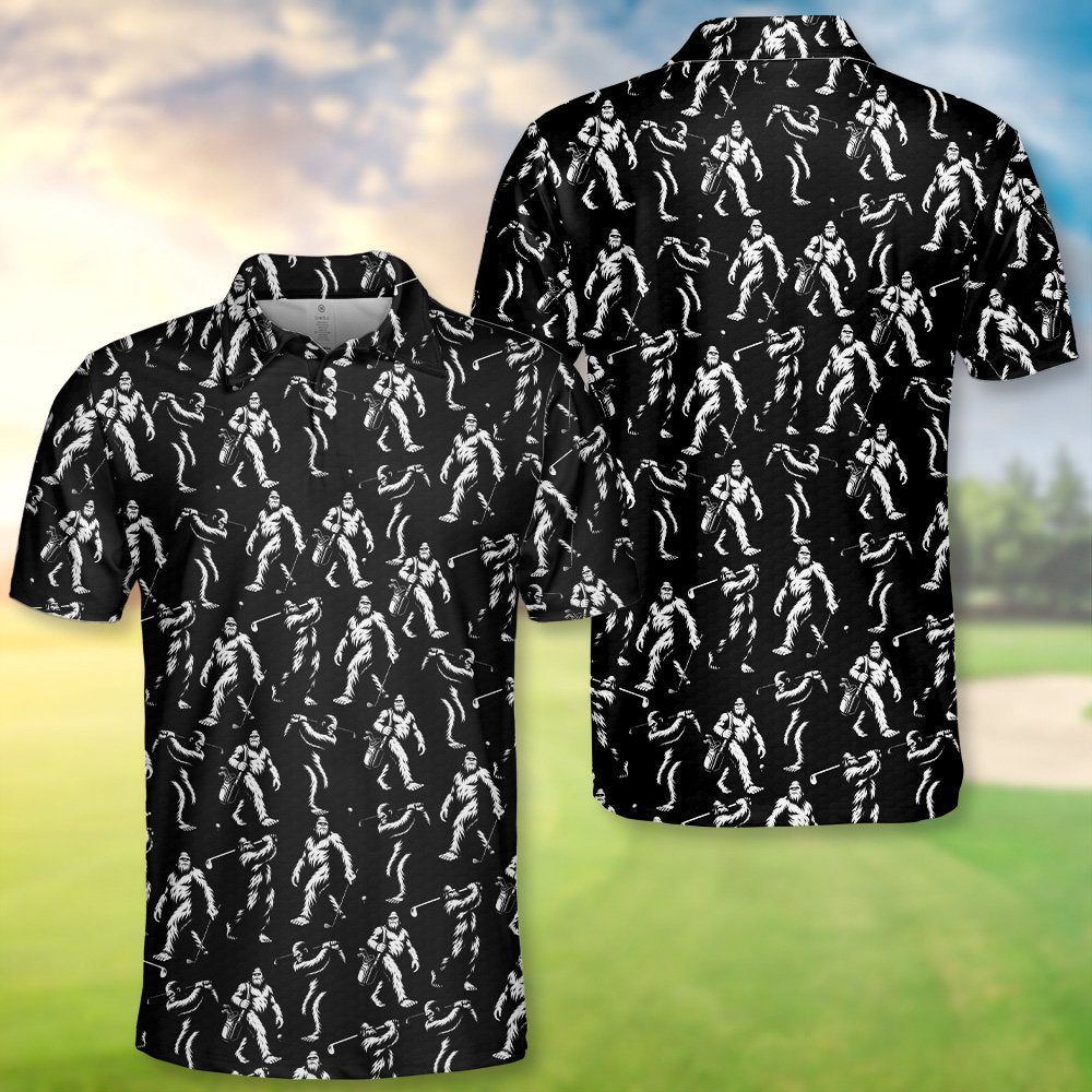 Black bigfoot polo shirt featuring white bigfoot figures golfing, front angle view