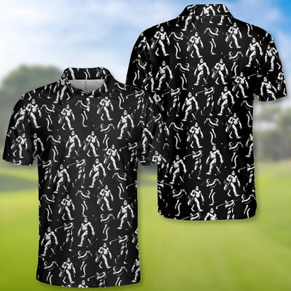 Black bigfoot polo shirt featuring white bigfoot figures golfing, flat lay front view