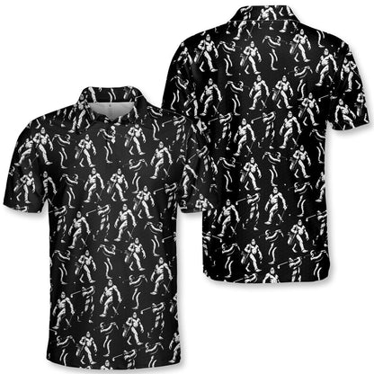 Black bigfoot polo shirt featuring white bigfoot figures golfing, main view