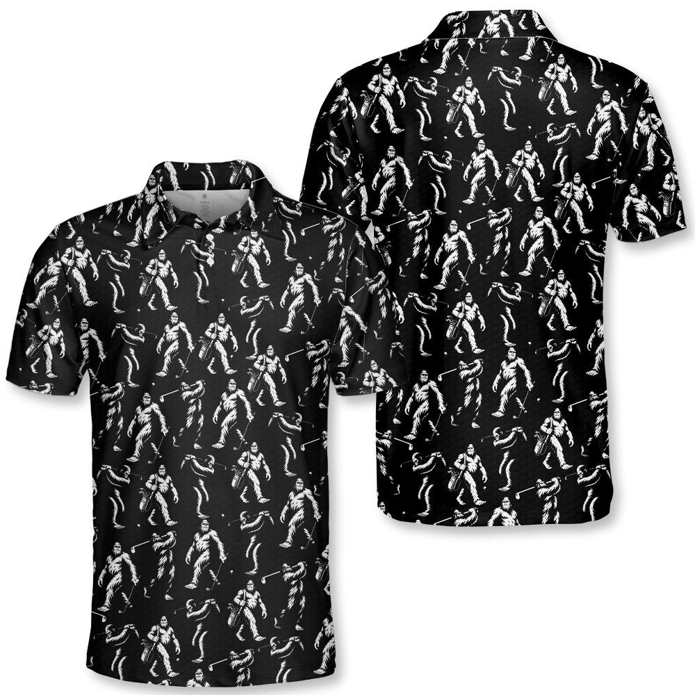 Black bigfoot polo shirt featuring white bigfoot figures golfing, front view