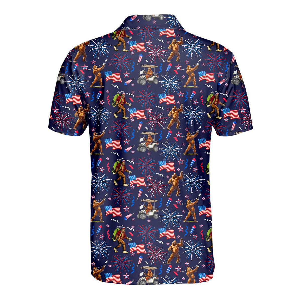 Back view of the bigfoot golf patriotic polo shirt