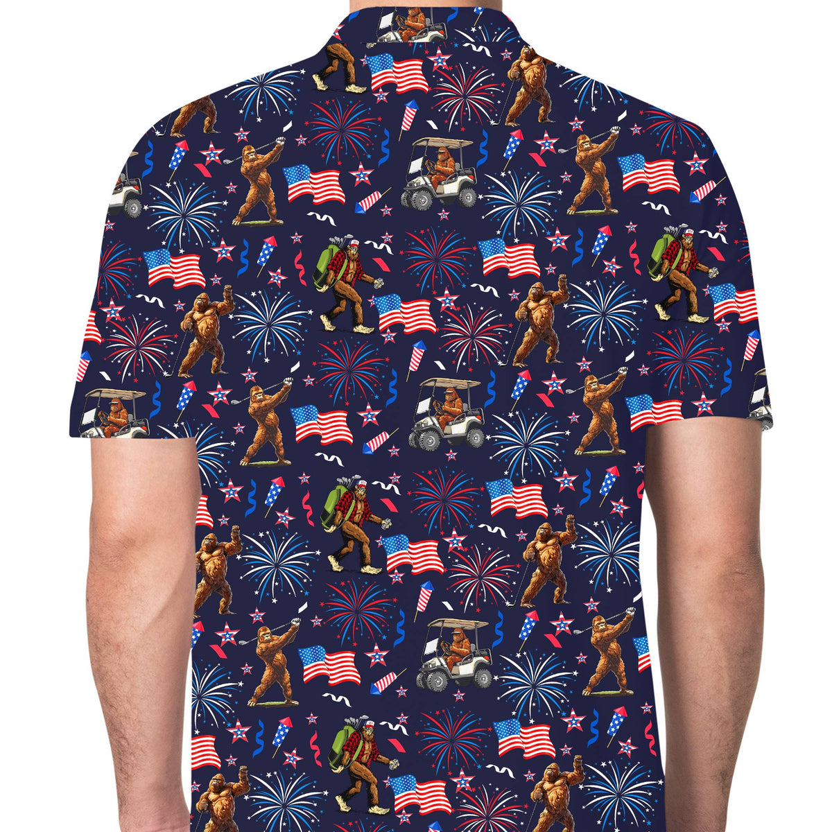 Third lifestyle view of the bigfoot golf patriotic polo shirt