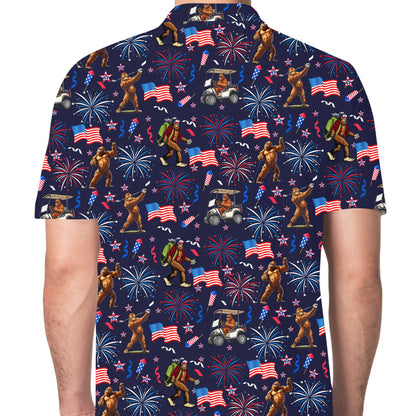 Third lifestyle view of the bigfoot golf patriotic polo shirt