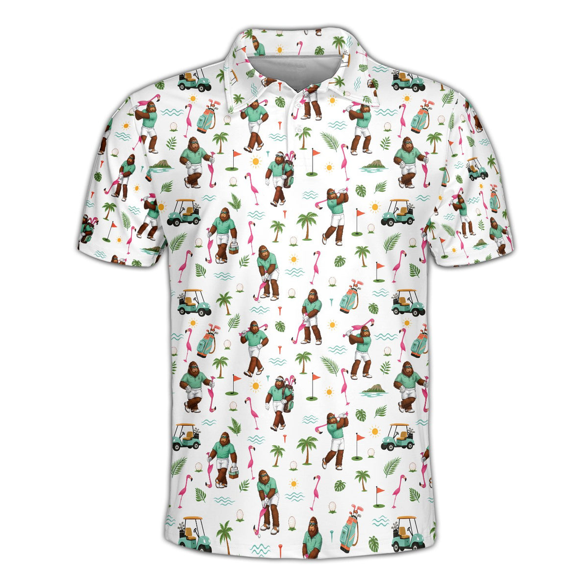 Bigfoot golf tropical polo shirt front view featuring flamingos and palm trees