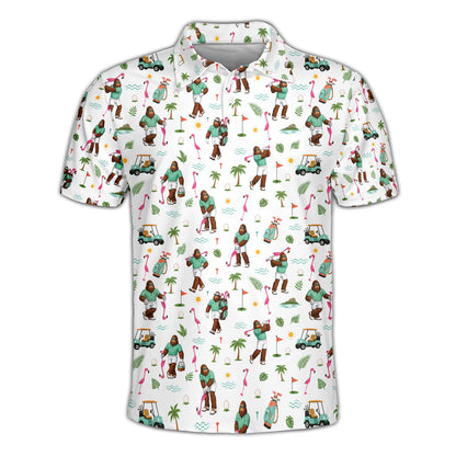 Bigfoot golf tropical polo shirt front view featuring flamingos and palm trees
