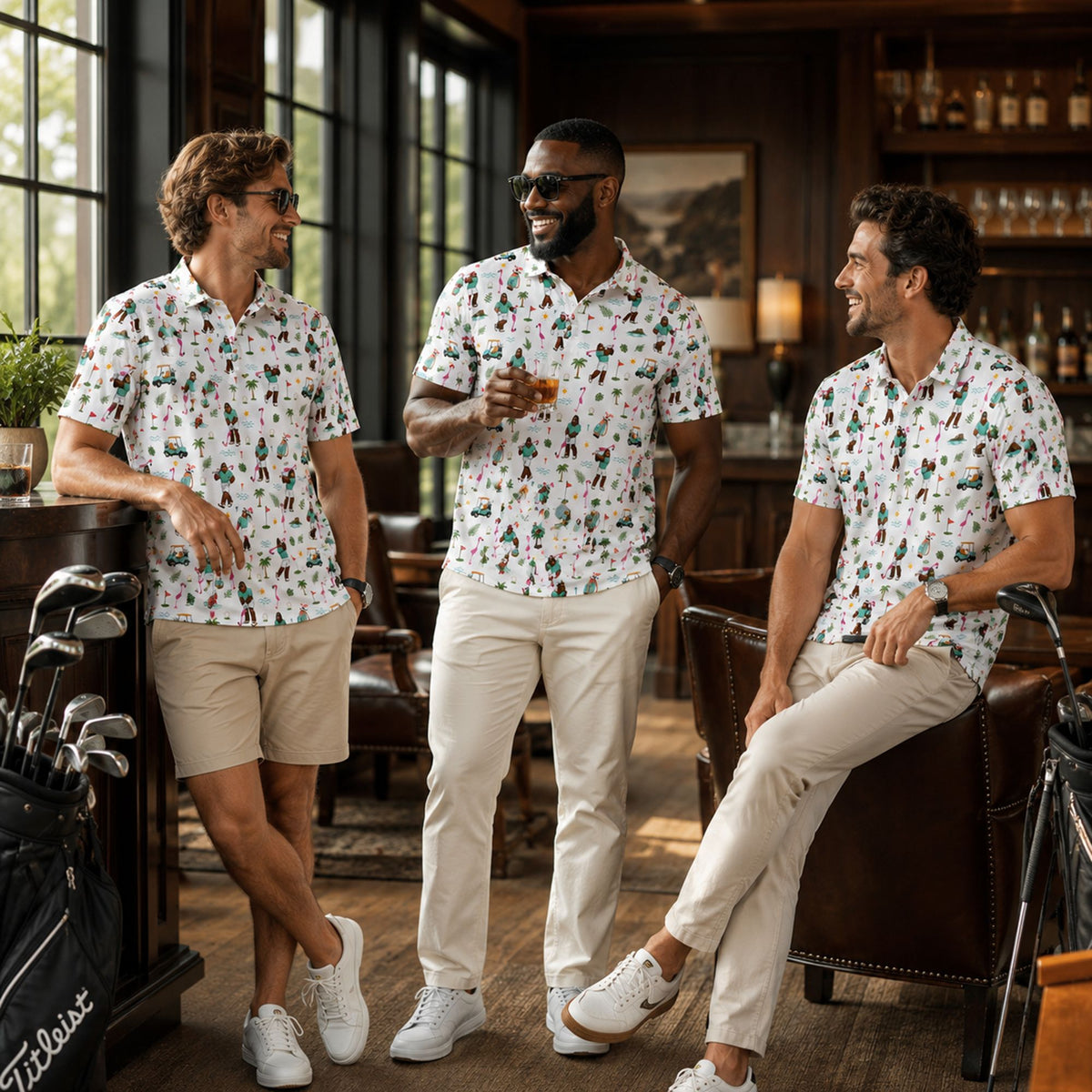 Lifestyle view of the Bigfoot golf tropical polo shirt being worn outdoors